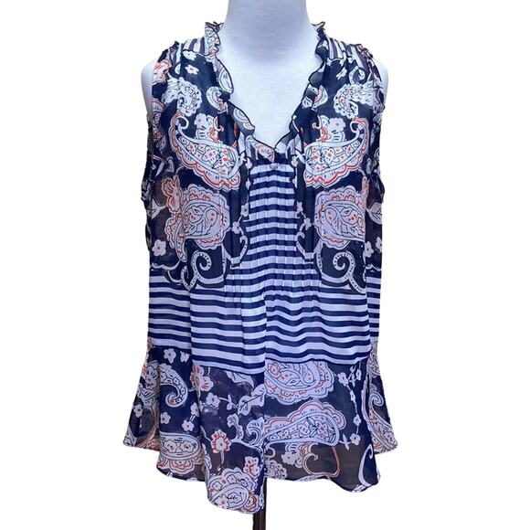 CAbi Peplum Paisley Striped Ruffle Sleeveless Blouse Top Size XS #5349 - Picture 1 of 8